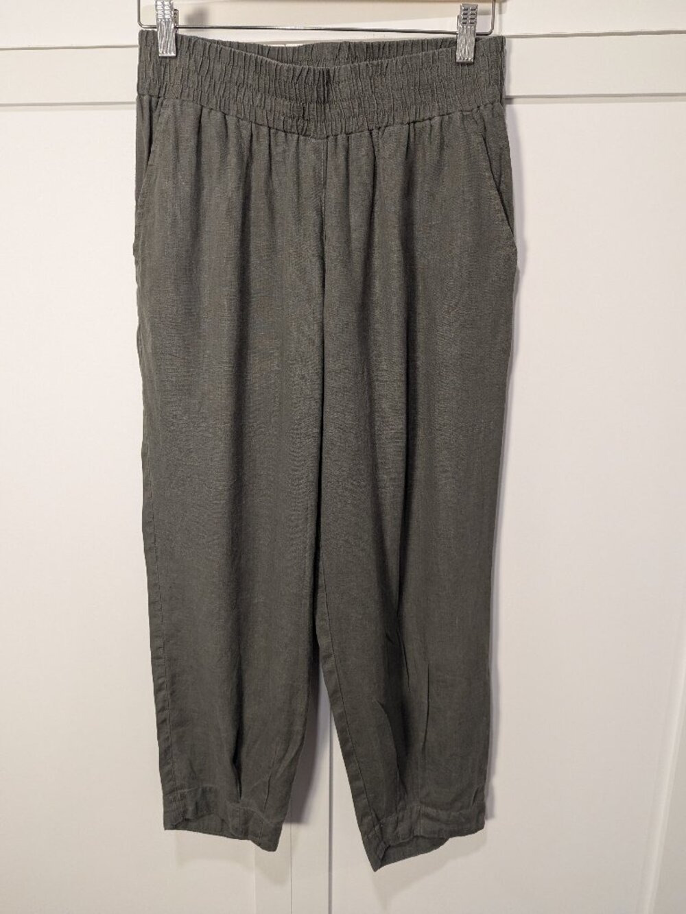 Linen Ankle Pants | Olive Pull-On Cigarette | Sz 6
